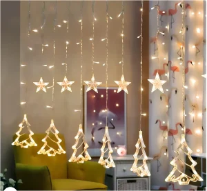 Instalație Luminoasă Crăciun cu 12 Fire, Braduti si Stele LED, Lumină Caldă, Decor Interior pentru Brad sau Fereastră