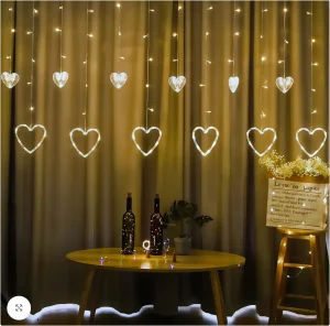 Instalație Luminoasă Crăciun cu 12 Fire, Inimioare mici si Mari LED, Lumină Caldă, Decor Interior pentru Fereastră sau Brad