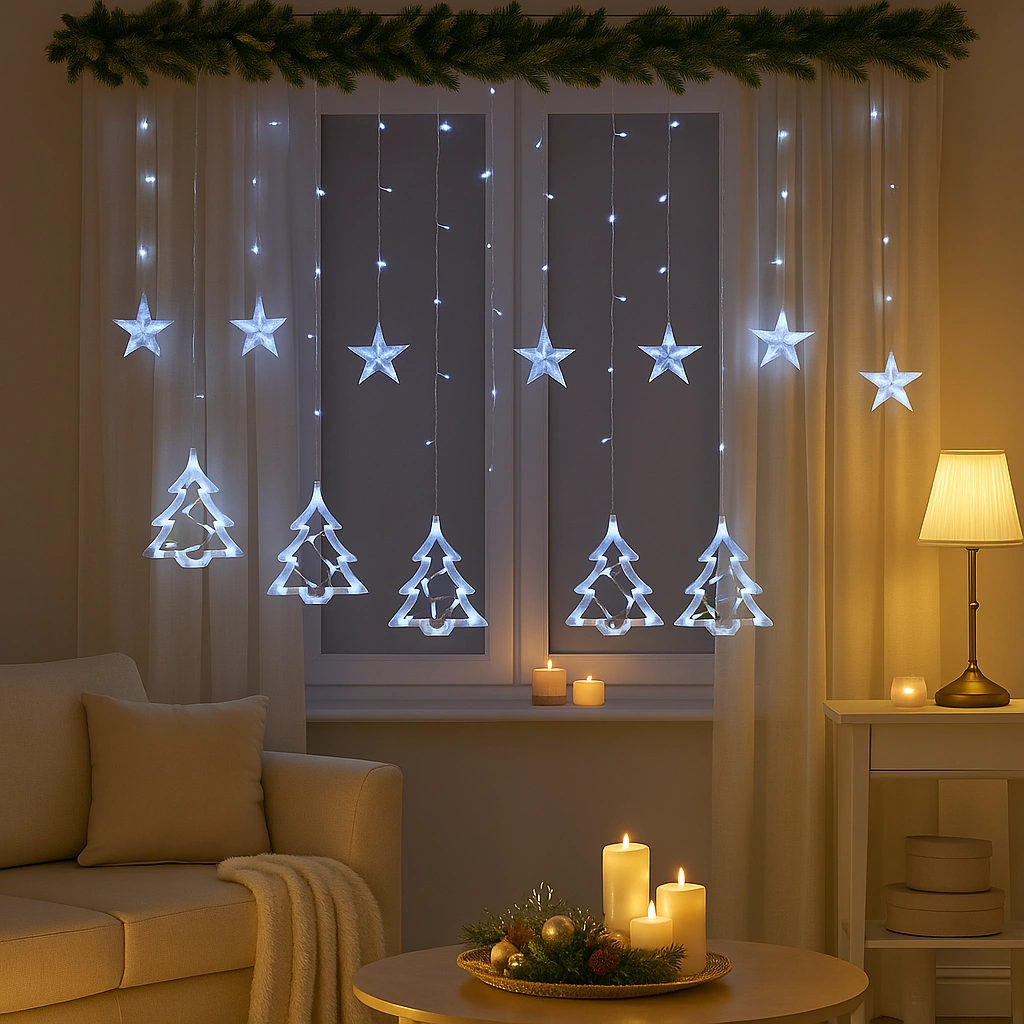 Instalație Luminoasă Crăciun cu 12 Fire, Stele si Braduti LED, Lumină Alb Rece, Decor Interior pentru Brad sau Fereastră - imagine 2