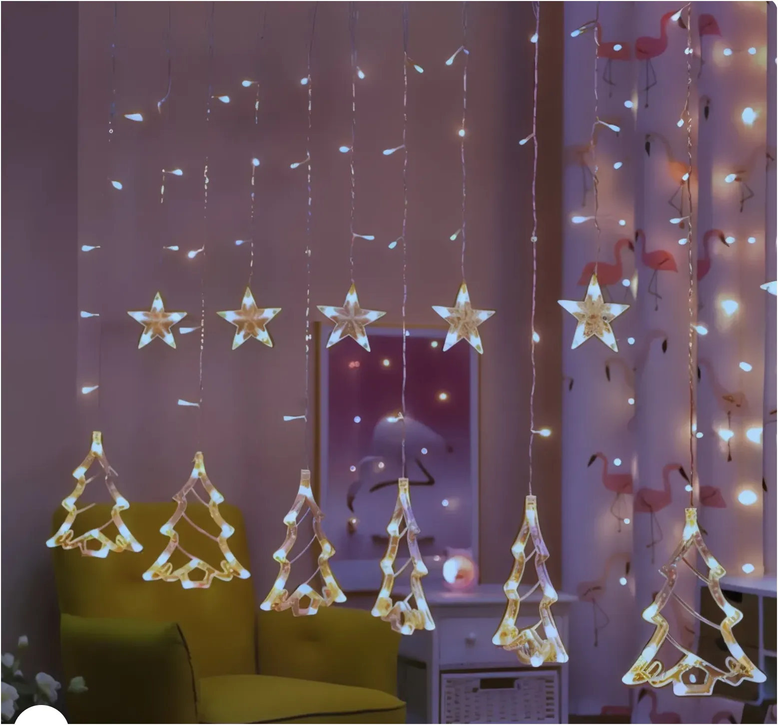 Instalație Luminoasă Crăciun cu 12 Fire, Stele si Braduti LED, Lumină Alb Rece, Decor Interior pentru Brad sau Fereastră