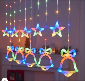 Instalație Luminoasă Crăciun cu 12 Fire, Lumina Multicolor, Clopotei si Stele LED, Decor Interior pentru  Fereastră sau Brad