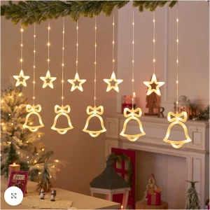 Instalație Luminoasă Crăciun cu 12 Fire, Steluțe și Clopoței LED, Lumină Caldă, Decor Interior pentru Fereastră sau Brad