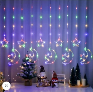Instalație Luminoasă Crăciun Multicolor cu 12 Fire, Luna si Stele LED, Decor Interior pentru  Fereastră sau Brad