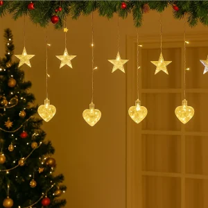 Instalație Luminoasă LED de Crăciun 3x1.5 m, cu Stele și Inimi Lumină Alb Caldă, Decor Elegant pentru Interior și Exterior