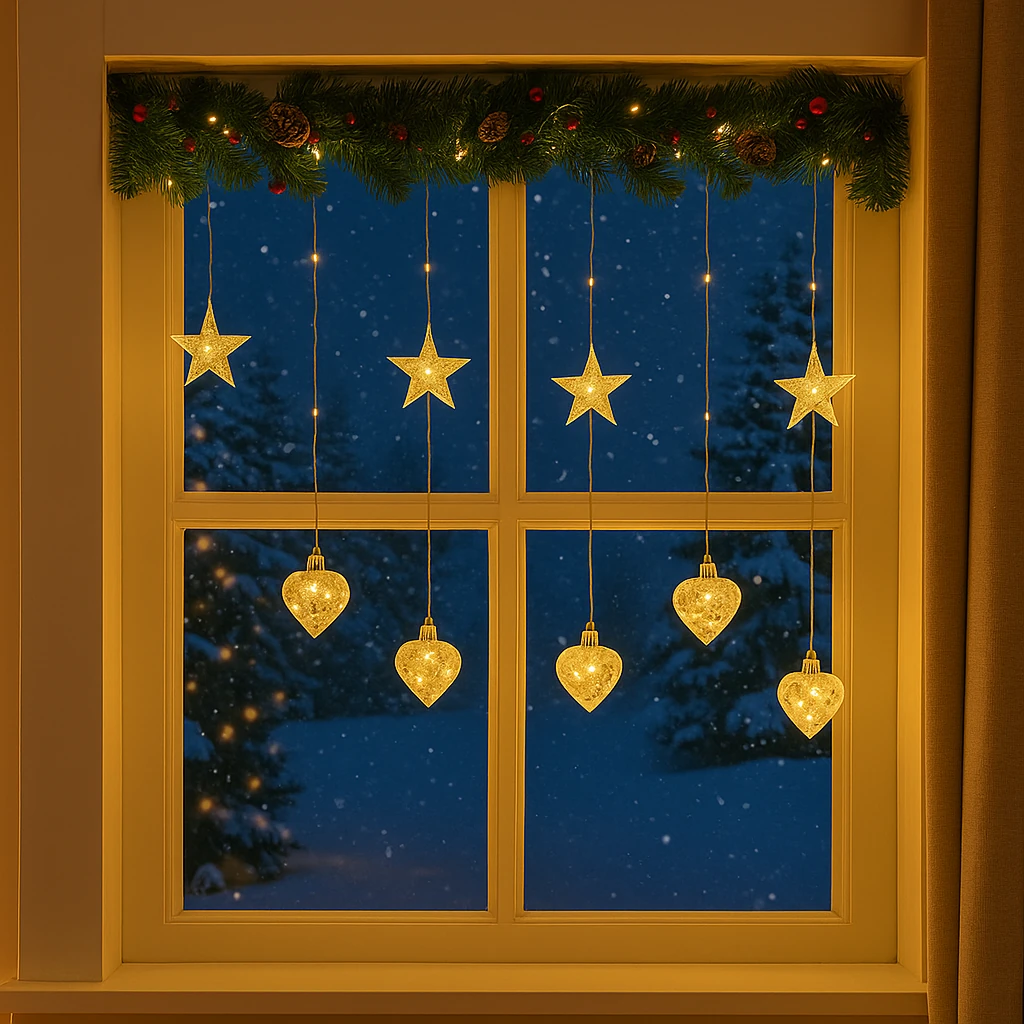 Instalație Luminoasă LED de Crăciun 3x1.5 m, cu Stele și Inimi Lumină Alb Caldă, Decor Elegant pentru Interior și Exterior - imagine 2