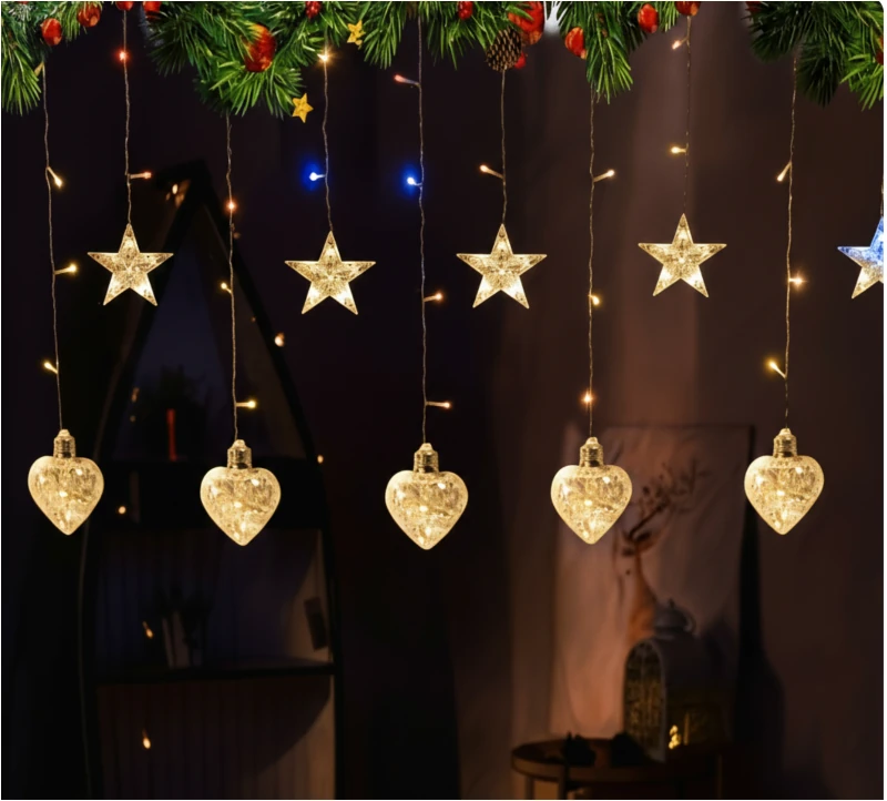 Instalație Luminoasă LED de Crăciun 3x1.5 m, cu Stele și Inimi Lumină Alb Caldă, Decor Elegant pentru Interior și Exterior - imagine 3