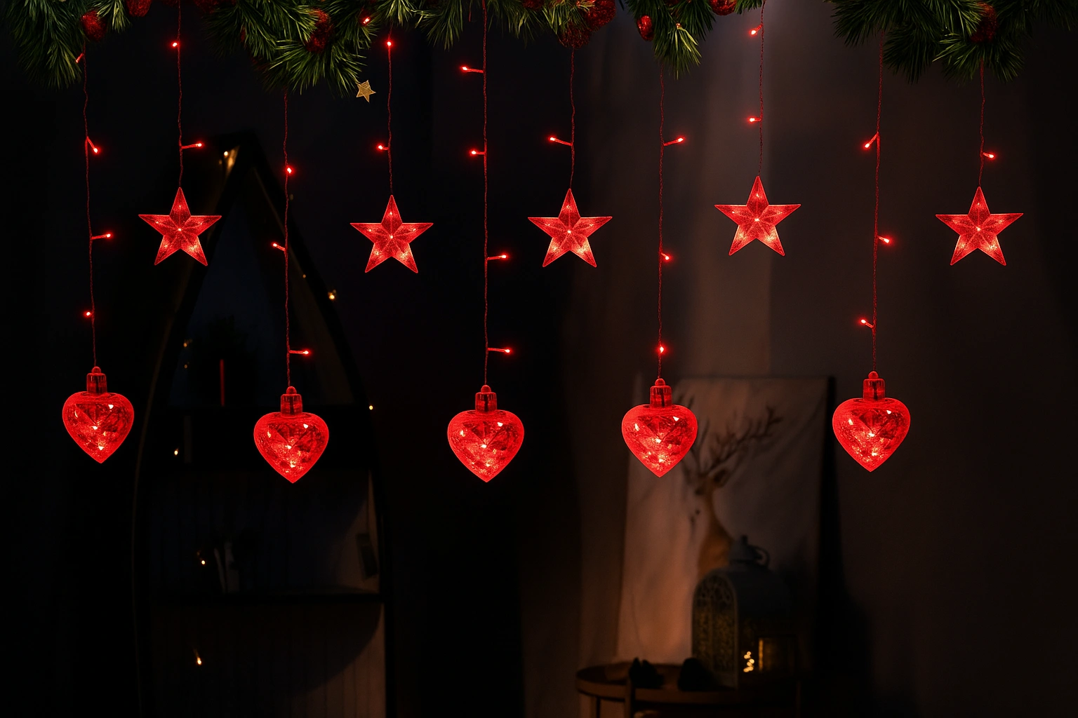 Instalație Luminoasă LED de Crăciun 3×1.5 m, cu Stele și Inimi Lumina Rosie, Decor Elegant pentru Interior și Exterior