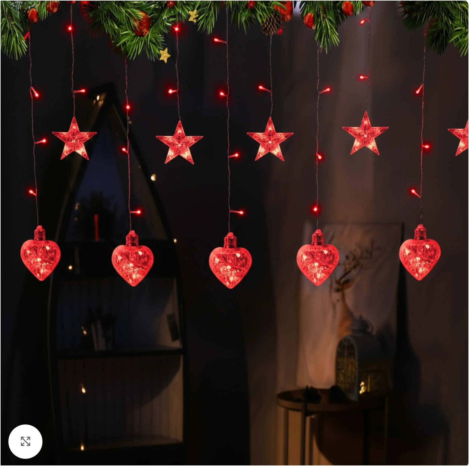 Instalație Luminoasă LED de Crăciun 3×1.5 m, cu Stele și Inimi Lumina Rosie, Decor Elegant pentru Interior și Exterior - imagine 2