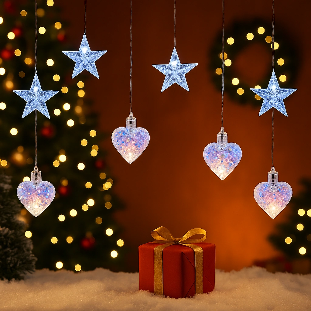 Instalație Luminoasă LED de Crăciun 3×1.5 m, cu Stele și Inimi Multicolor, Decor Elegant pentru Interior și Exterior - imagine 3