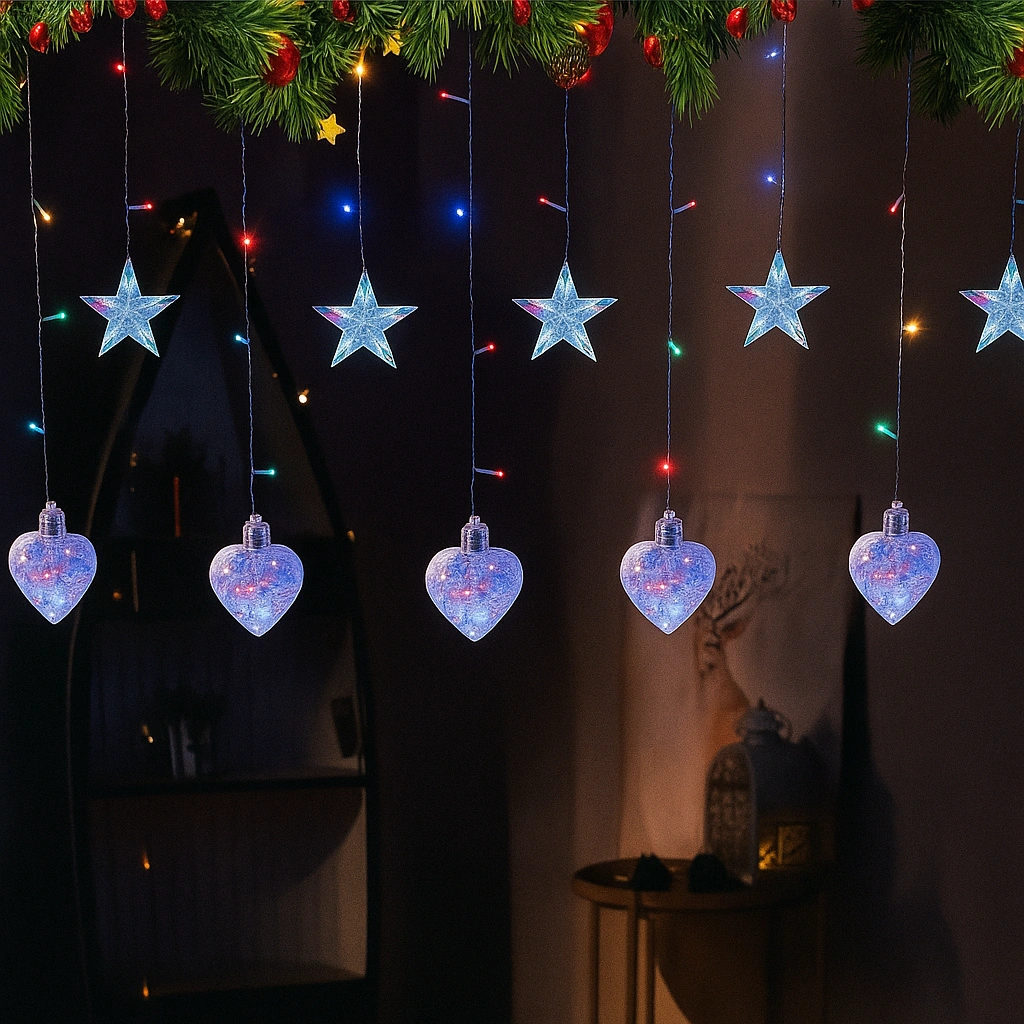 Instalație Luminoasă LED de Crăciun 3×1.5 m, cu Stele și Inimi Multicolor, Decor Elegant pentru Interior și Exterior - imagine 2