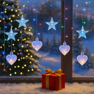 Instalație Luminoasă LED de Crăciun 3×1.5 m, cu Stele și Inimi Multicolor, Decor Elegant pentru Interior și Exterior