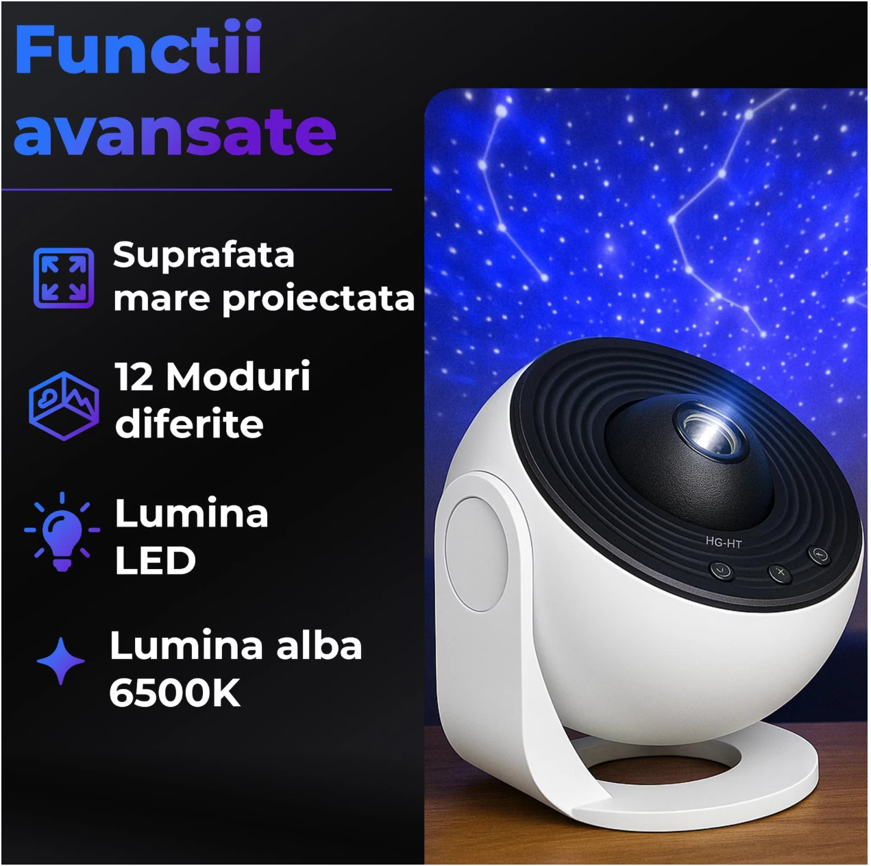 Proiector Cosmic HD Planetarium 3D, Lampa de veghe pentru copii 4K, 12 Discuri de proiectie cu Stele, Galaxii, Palnete, Reglare 360° Rotativa - imagine 2