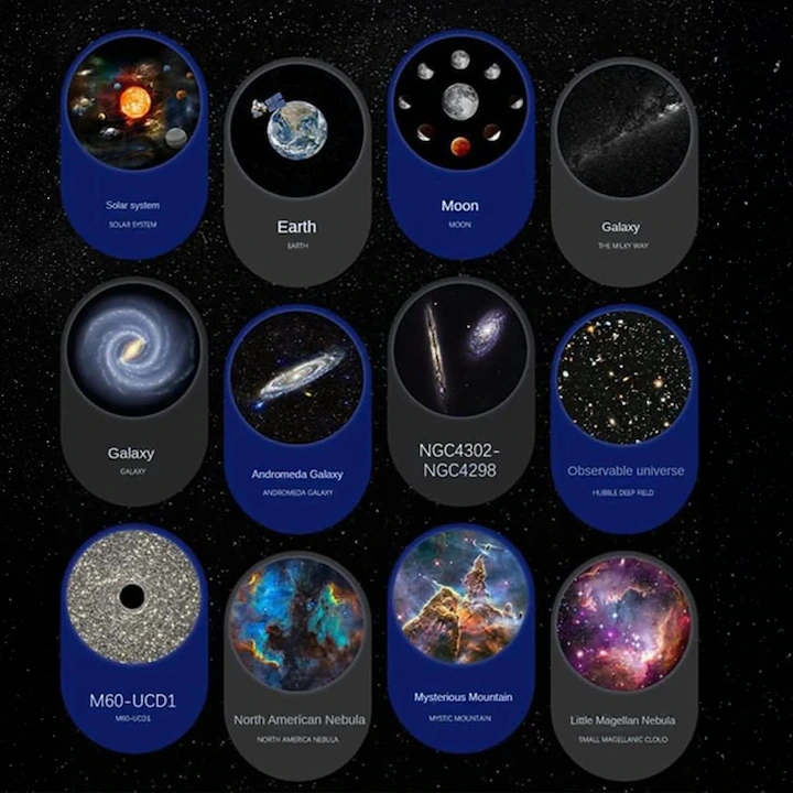 Proiector Cosmic HD Planetarium 3D, Lampa de veghe pentru copii 4K, 12 Discuri de proiectie cu Stele, Galaxii, Palnete, Reglare 360° Rotativa - imagine 7