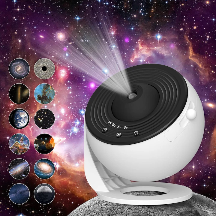 Proiector Cosmic HD Planetarium 3D, Lampa de veghe pentru copii 4K, 12 Discuri de proiectie cu Stele, Galaxii, Palnete, Reglare 360° Rotativa - imagine 6