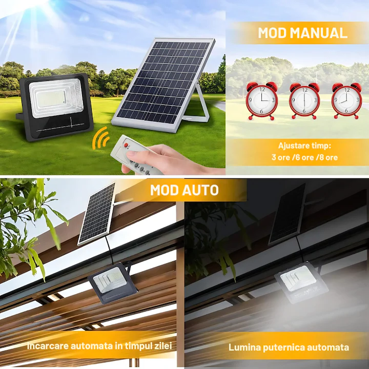 Proiector solar LED 300W, Solar Light 7500 Lumeni, Telecomanda, Panou Fotovoltaic, Autonomie Mare, Senzor de lumina - imagine 7