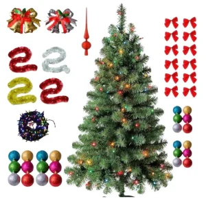 Brad Artificial de Craciun 150cm, Set Complet Cu accesorii impodobit, suport metalic inclus Aspect natural