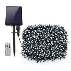Instalație LED Crăciun 10M cu Panou Solar Lumina Alb-Rece, 100 LED Rezistentă la Apă pentru Exterior și Interior