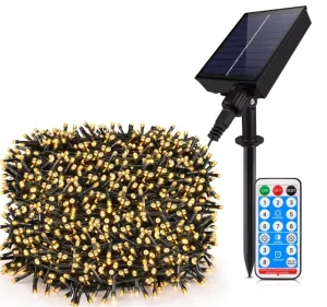 Instalație LED Crăciun 50M cu Panou Solar Lumina Alb-Cald, 600 LED Rezistentă la Apă pentru Exterior și Interior