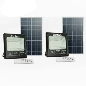 Set 2X Proiector solar  LED Jortan 100W, 7500 Lumeni cu Telecomanda, Suport prindere inclus, Panou Fotovoltaic, Autonomie Mare, Senzor de lumina Protectie IP66