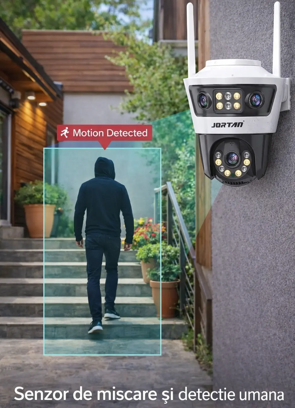 Camera de Supraveghere Tripla Jortan Fixa si mobila 9MP Ultra HD 6K, inteligenta de urmarire, 3 Lentile, Vedere nocturna color, Sirena cu Alarma, Detectie umana, microfon audio bidirectional - imagine 3