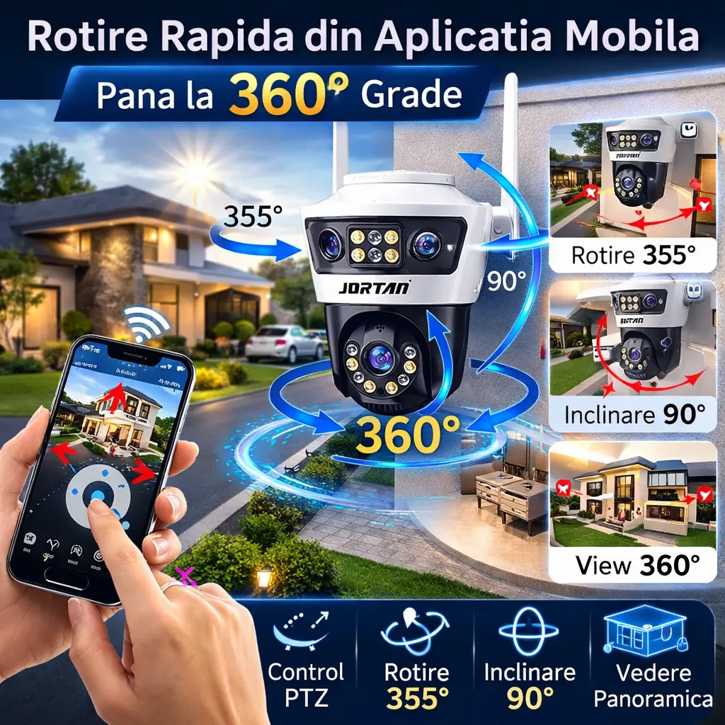 Camera de Supraveghere Tripla Jortan Fixa si mobila 9MP Ultra HD 6K, inteligenta de urmarire, 3 Lentile, Vedere nocturna color, Sirena cu Alarma, Detectie umana, microfon audio bidirectional - imagine 4