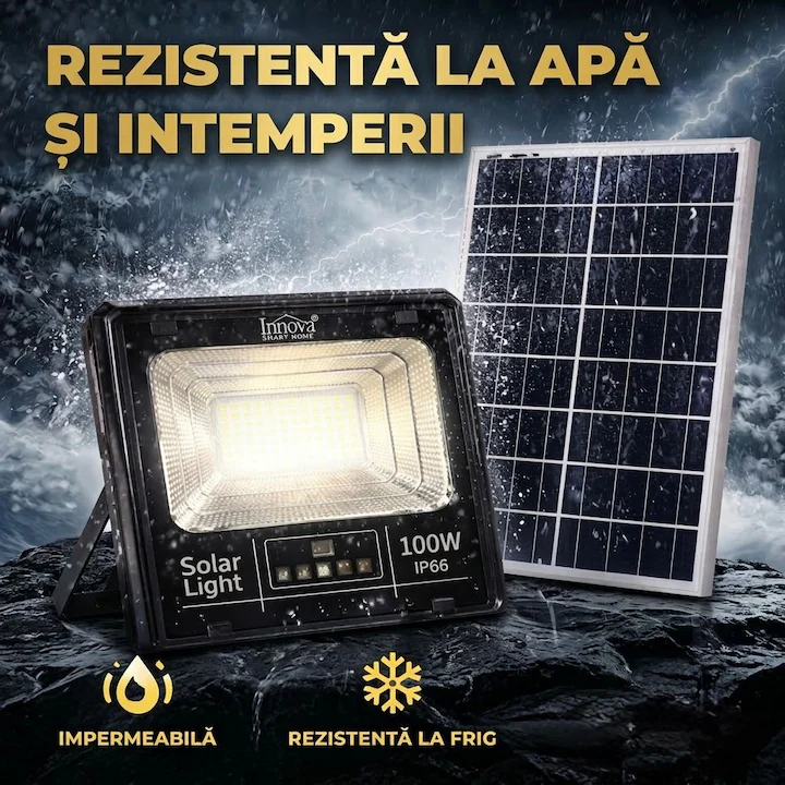 Proiector solar 100W Pro Light 7500 Lumeni, LED Ultra Luminos, cu Telecomanda, Suport prindere inclus, Autonomie Pana la 13 Ore, Senzor de lumina Protectie IP66 - imagine 2