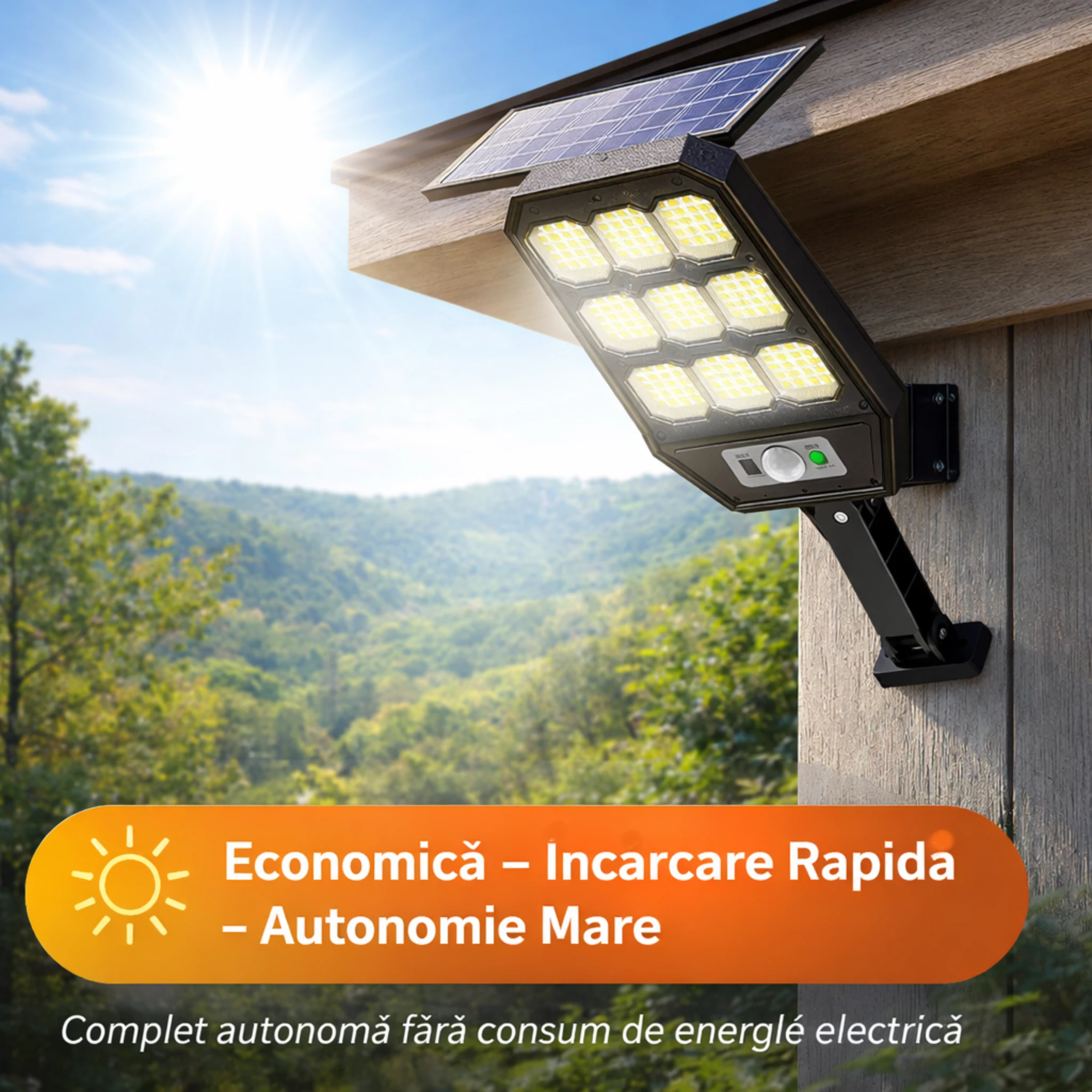 Set 3X Lampi cu Incarcare Solara 9 celule 300W Jortan, 6000 Lumeni, 280 LED-uri COB, telecomanda, Senzor de Miscare, Autonomie 12 ore Protectie IP66 - imagine 6