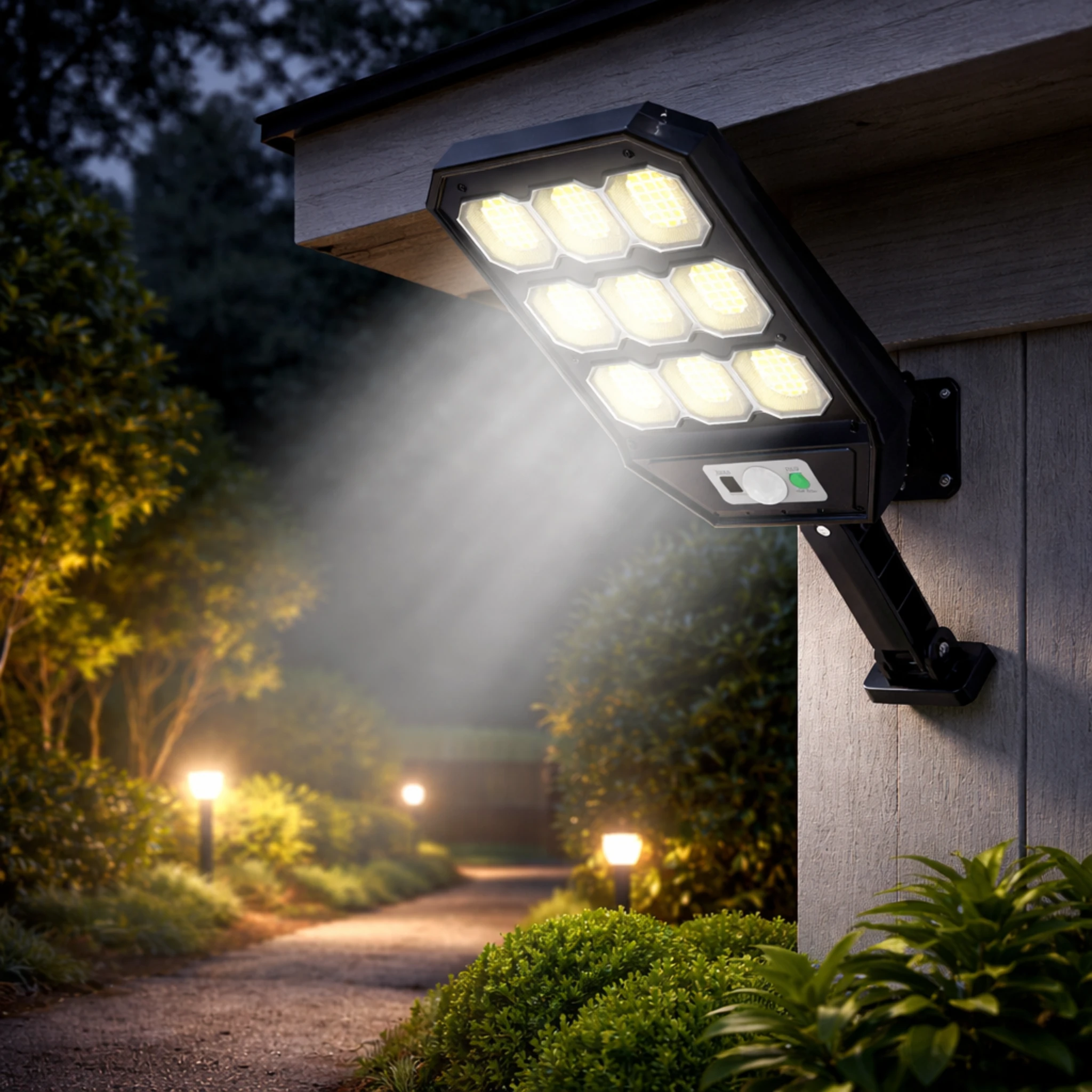 Set 3X Lampi cu Incarcare Solara 9 celule 300W Jortan, 6000 Lumeni, 280 LED-uri COB, telecomanda, Senzor de Miscare, Autonomie 12 ore Protectie IP66 - imagine 5