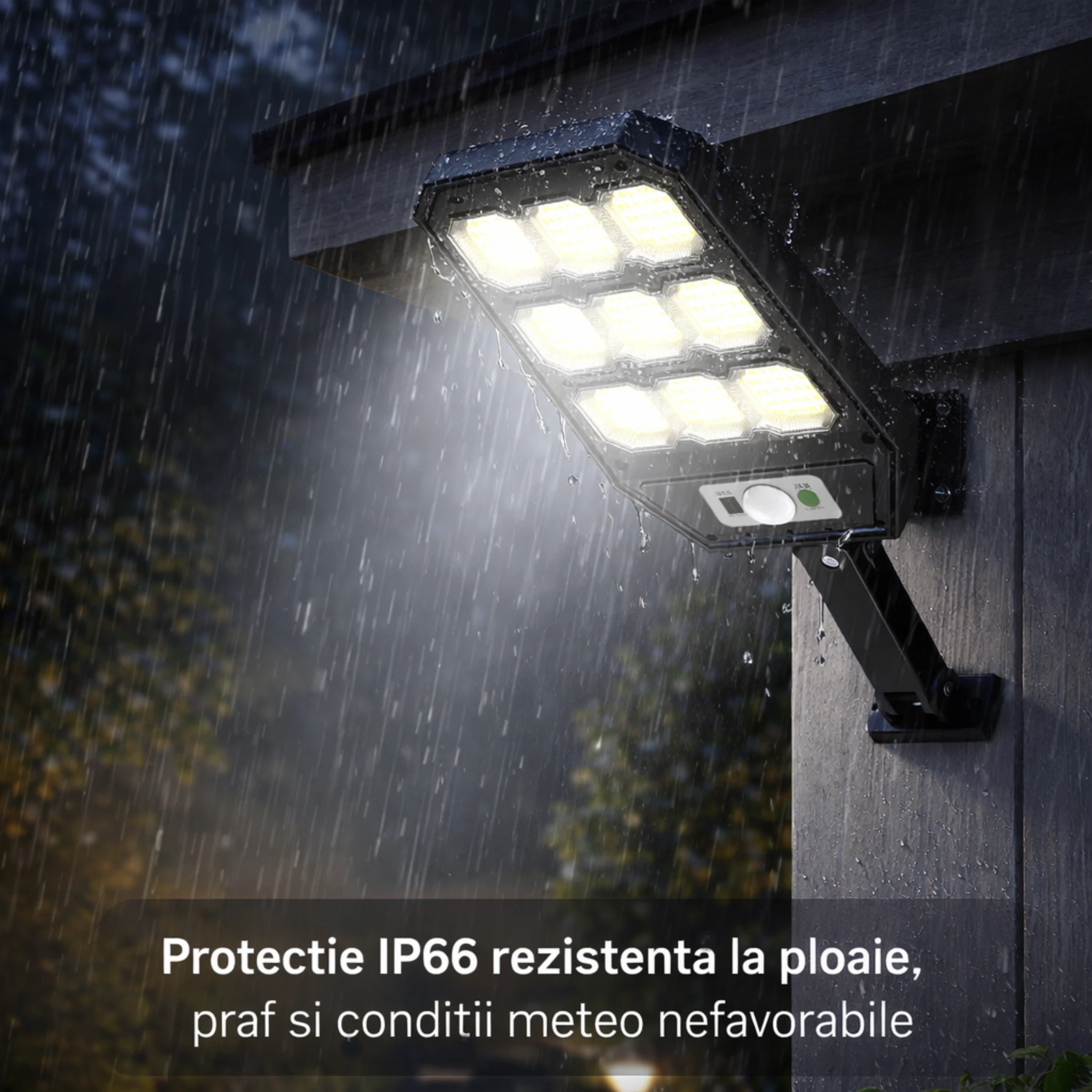 Set 3X Lampi cu Incarcare Solara 9 celule 300W Jortan, 6000 Lumeni, 280 LED-uri COB, telecomanda, Senzor de Miscare, Autonomie 12 ore Protectie IP66 - imagine 3