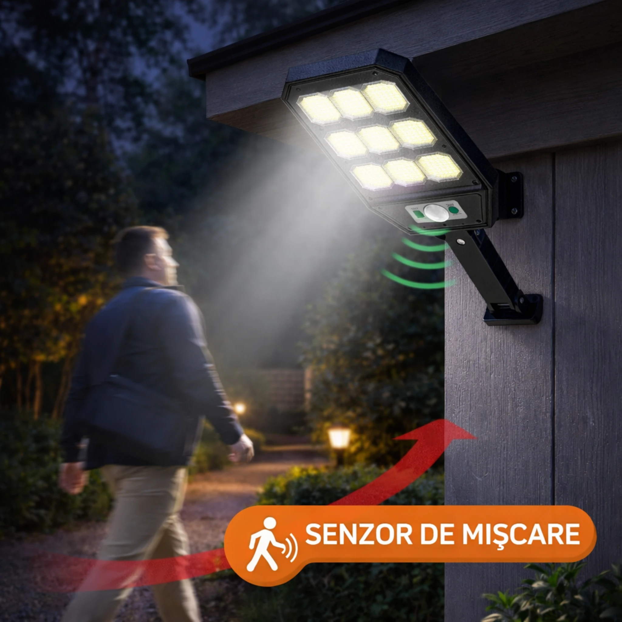 Set 3X Lampi cu Incarcare Solara 9 celule 300W Jortan, 6000 Lumeni, 280 LED-uri COB, telecomanda, Senzor de Miscare, Autonomie 12 ore Protectie IP66 - imagine 2