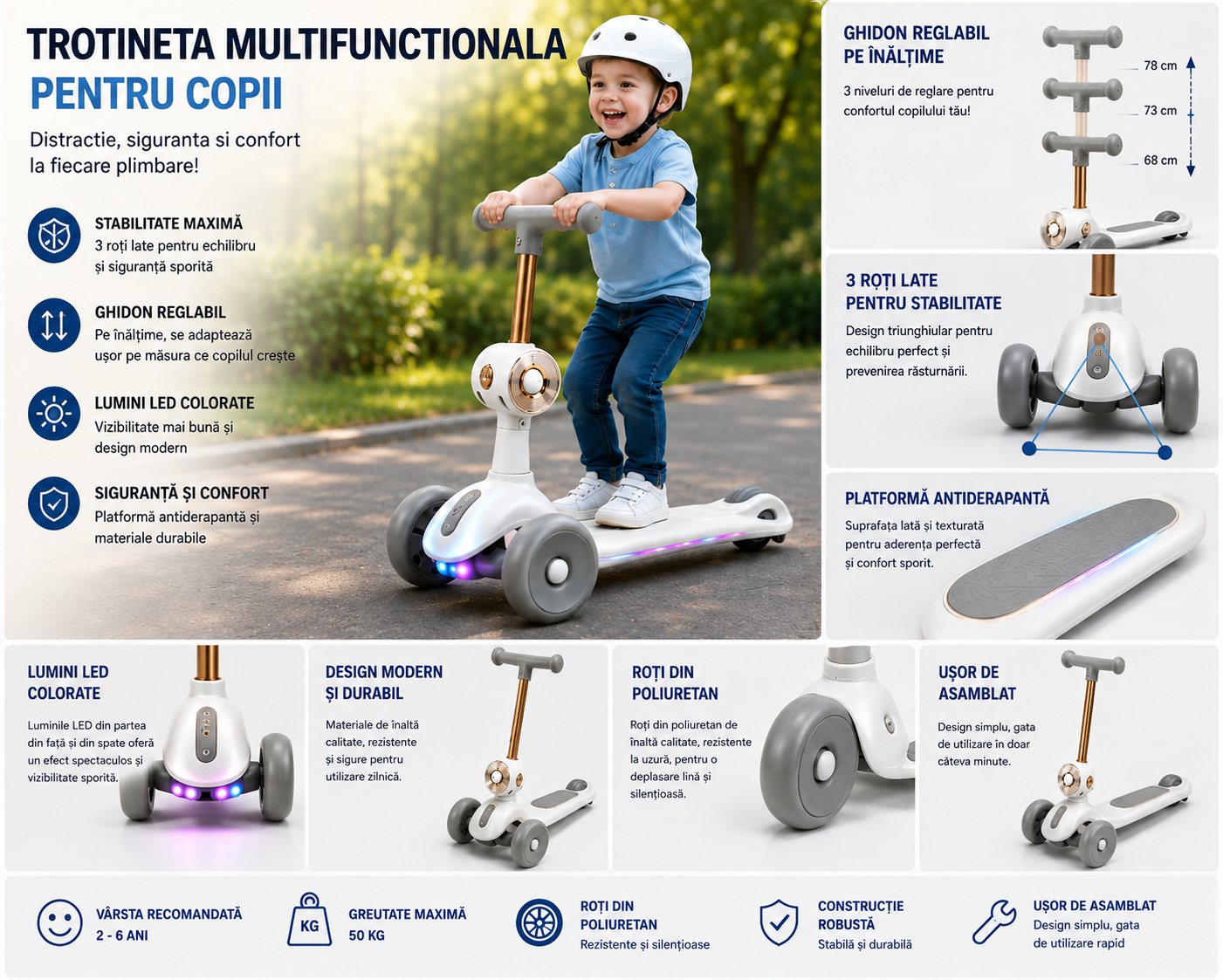 Trotineta pentru Copii cu 3 Roti, Scaun Detasabil Lumini LED Multicolore, Pliabila, Muzica, Ghidon Reglabil pe Inaltime, Platforma Antiderapanta, Design Sport, pentru Baieti si Fete - imagine 2
