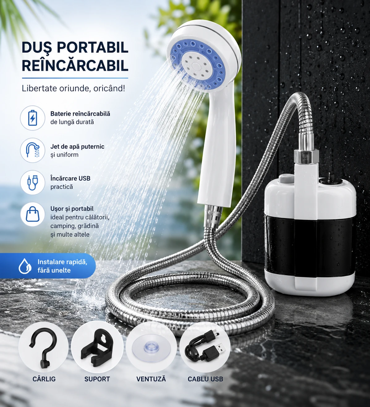 Duș Portabil Reîncărcabil cu Acumulator, Furtun 1.5M și Jet Puternic de Apă Autonomie Mare, Ideal pentru Camping, Plajă, Rulotă și Călătorii - imagine 2