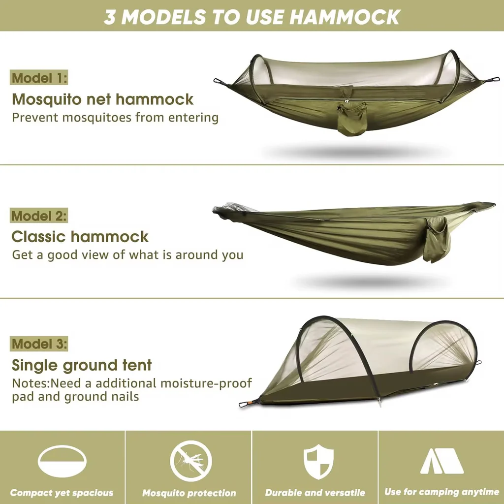 Hamac Suspendat cu Plasă de Protecție împotriva Insectelor 260x140cm Pat Portabil pentru Camping, Drumeții, Pescuit și Relaxare în Natură - imagine 6