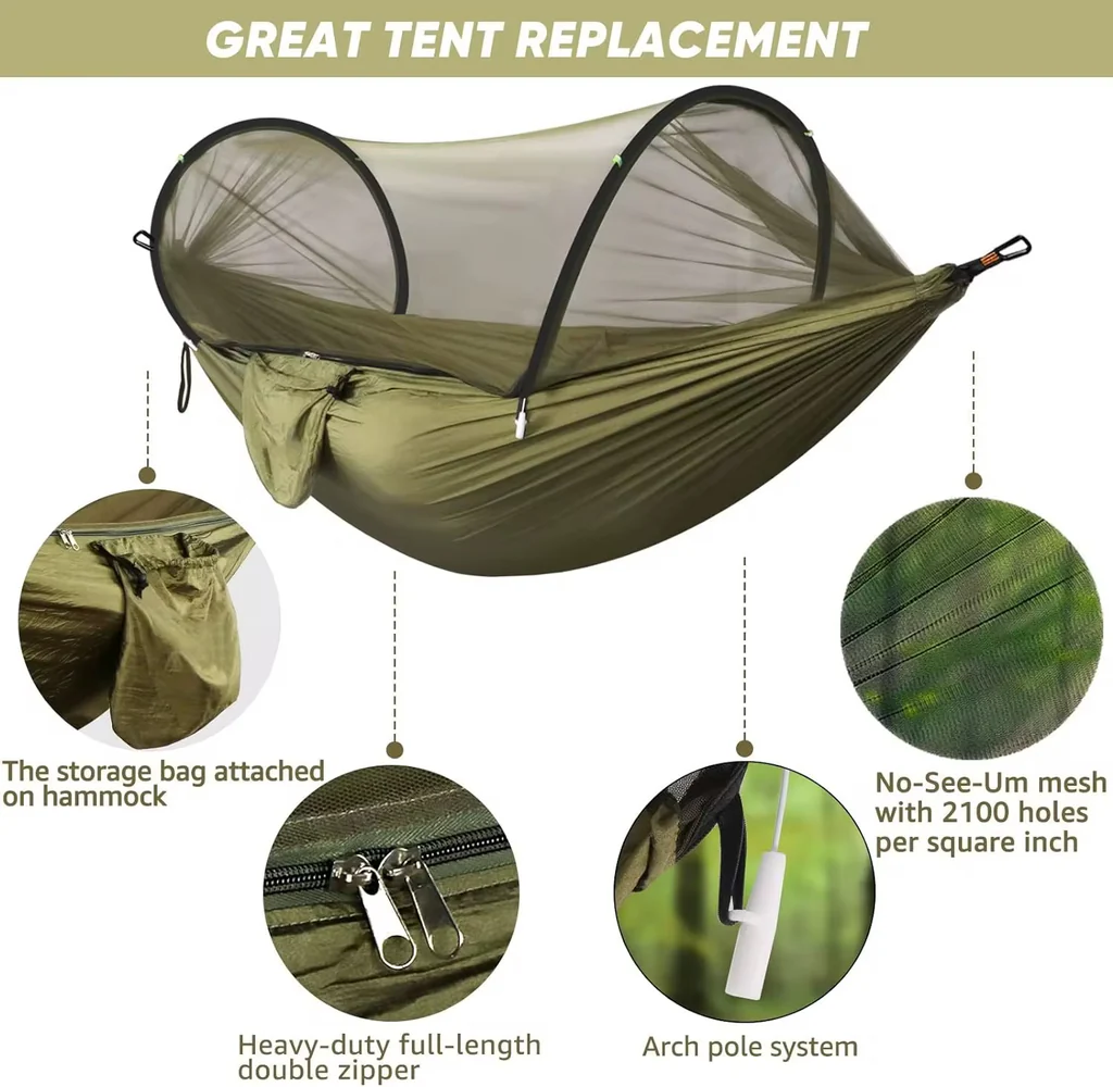 Hamac Suspendat cu Plasă de Protecție împotriva Insectelor 260x140cm Pat Portabil pentru Camping, Drumeții, Pescuit și Relaxare în Natură - imagine 5