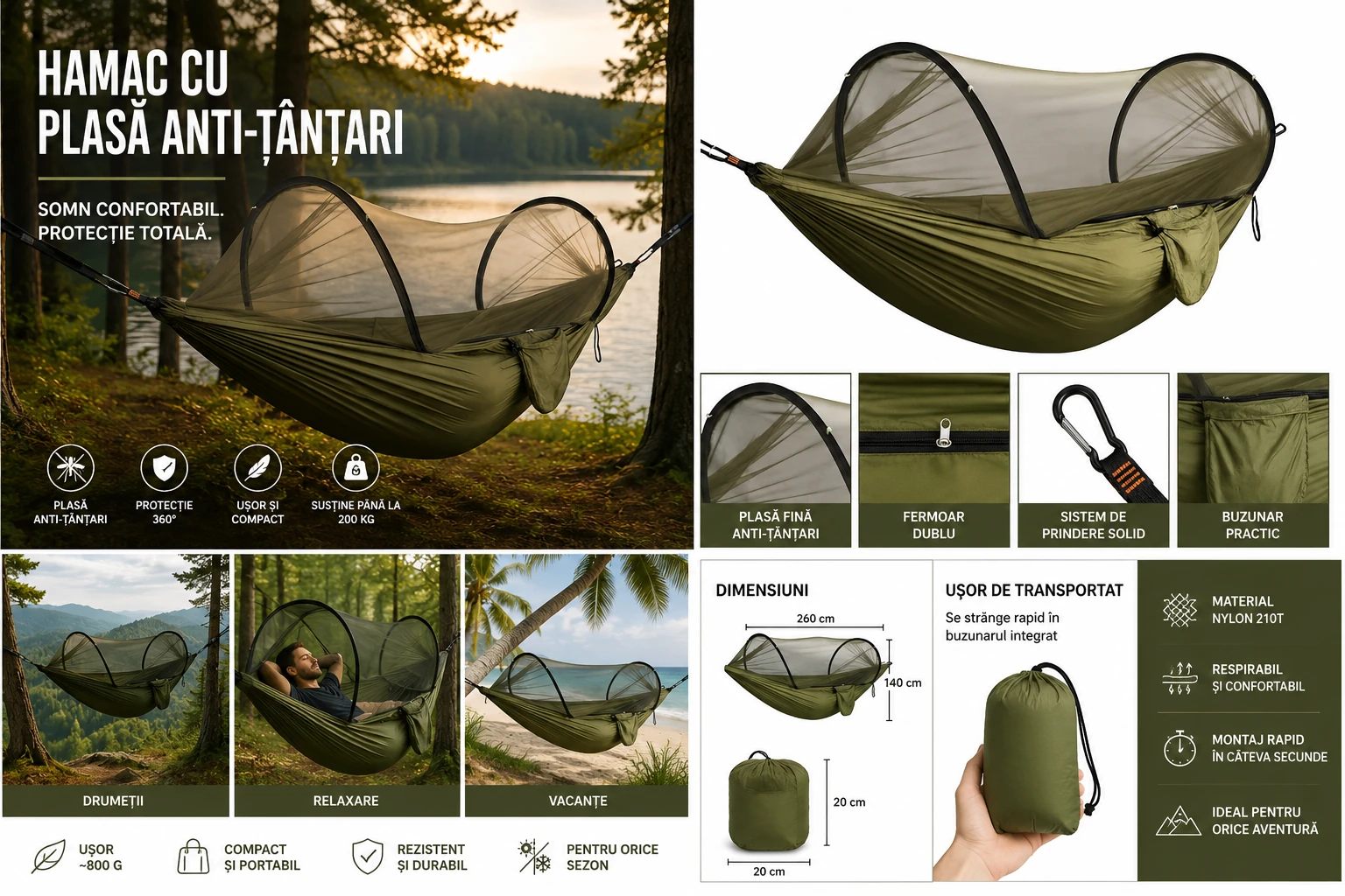 Hamac Suspendat cu Plasă de Protecție împotriva Insectelor 260x140cm Pat Portabil pentru Camping, Drumeții, Pescuit și Relaxare în Natură - imagine 3