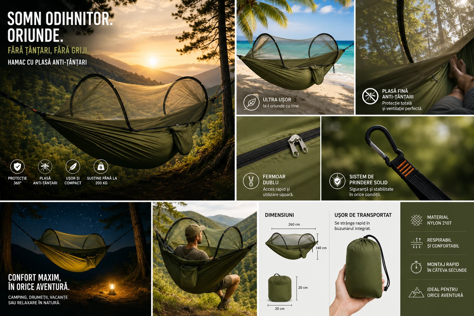 Hamac Suspendat cu Plasă de Protecție împotriva Insectelor 260x140cm Pat Portabil pentru Camping, Drumeții, Pescuit și Relaxare în Natură - imagine 2