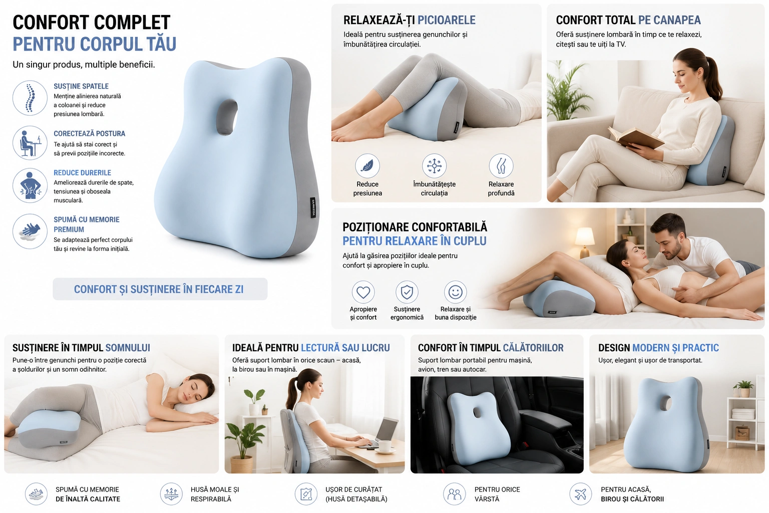 Pernă Ergonomică pentru Spate și Coloană Vertebrală, Suport Lombar Ortopedic din Spumă cu Memorie, Corector pentru Postură și Reducerea Durerilor de Spate, Ideală pentru Birou, Scaun Auto, Gaming, Canapea și Lucru de Acasă, Design Anatomic Confortabil și Respirabil - imagine 3