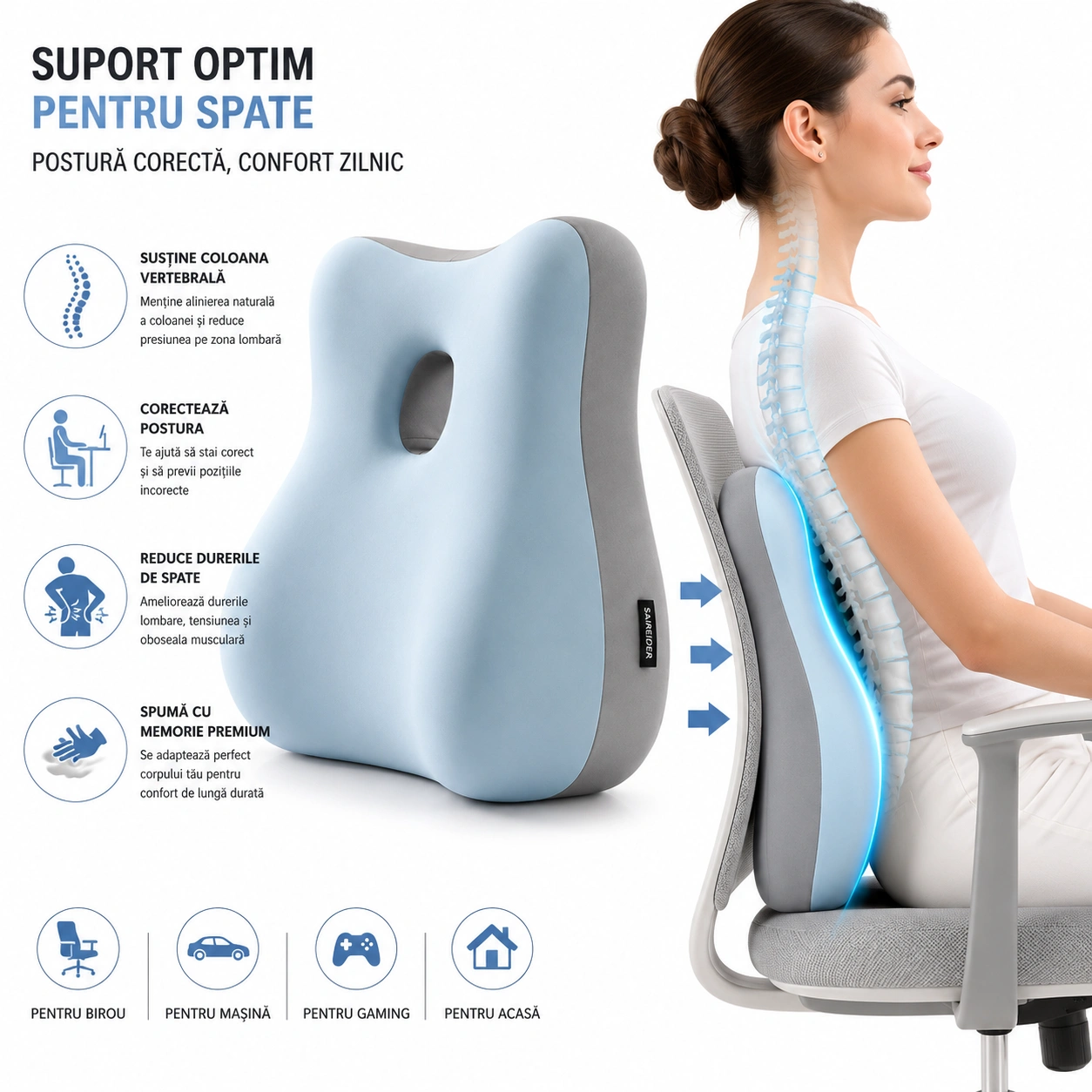 Pernă Ergonomică pentru Spate și Coloană Vertebrală, Suport Lombar Ortopedic din Spumă cu Memorie, Corector pentru Postură și Reducerea Durerilor de Spate, Ideală pentru Birou, Scaun Auto, Gaming, Canapea și Lucru de Acasă, Design Anatomic Confortabil și Respirabil - imagine 5