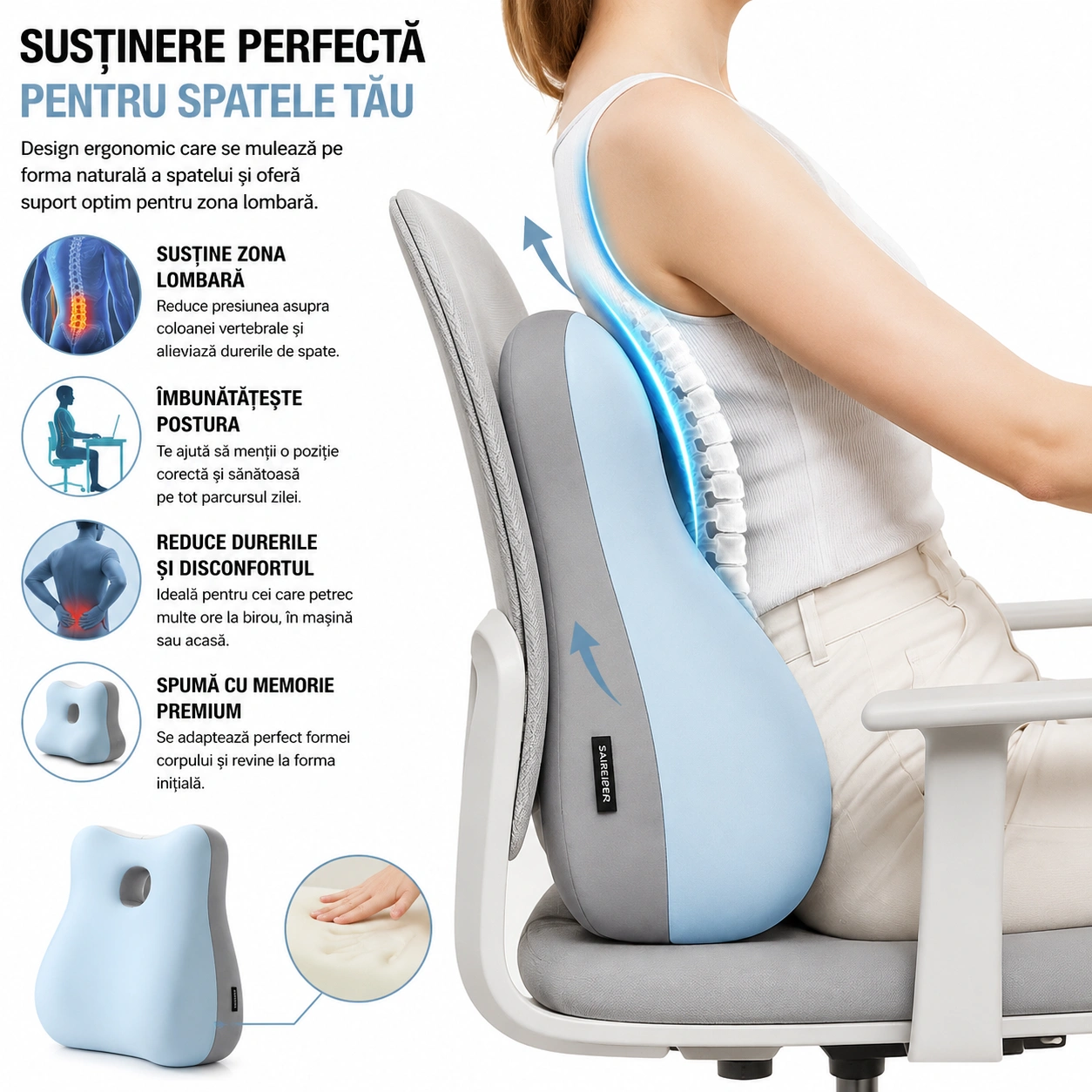 Pernă Ergonomică pentru Spate și Coloană Vertebrală, din Spumă cu Memorie Suport Lombar Ortopedic, Corector pentru Postură și Reducerea Durerilor de Spate, Ideală pentru Birou, Scaun Auto, Gaming, Canapea și Lucru de Acasă, Confortabil și Respirabil Roz - imagine 5