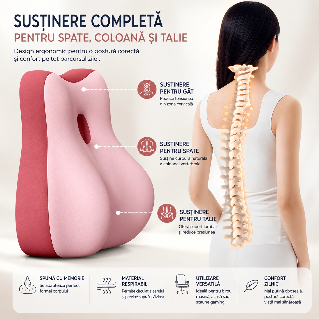 Pernă Ergonomică pentru Spate și Coloană Vertebrală, din Spumă cu Memorie Suport Lombar Ortopedic, Corector pentru Postură și Reducerea Durerilor de Spate, Ideală pentru Birou, Scaun Auto, Gaming, Canapea și Lucru de Acasă, Confortabil și Respirabil Roz - imagine 2