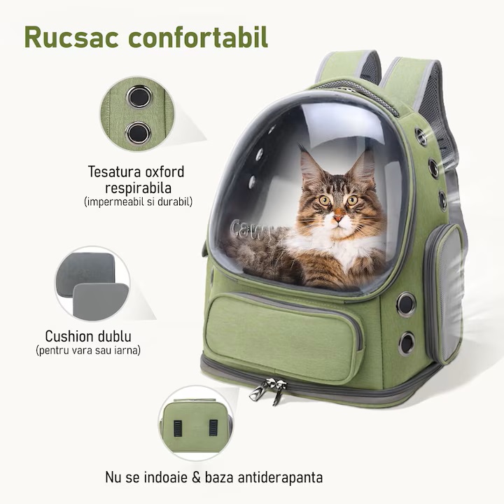 Rucsac Portabil pentru Transport Animale de Companie, cu Hublou Transparent și Design Respirabil, Buzunare Laterale, Material Oxford Rezistent, Ideal pentru Pisici și Câini de Talie Medie, Suportă până la 9 Kg, 33 x 27 x 42 cm, Verde - imagine 2