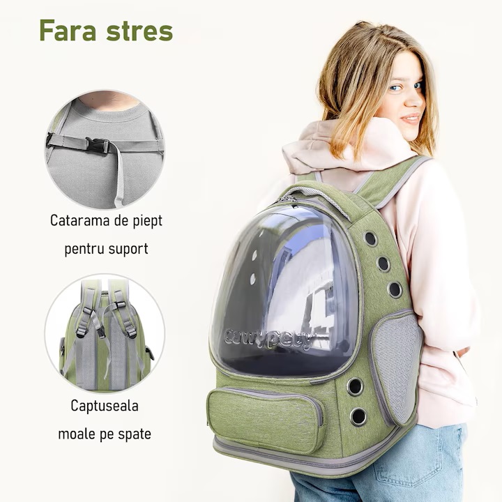 Rucsac Portabil pentru Transport Animale de Companie, cu Hublou Transparent și Design Respirabil, Buzunare Laterale, Material Oxford Rezistent, Ideal pentru Pisici și Câini de Talie Medie, Suportă până la 9 Kg, 33 x 27 x 42 cm, Verde - imagine 6