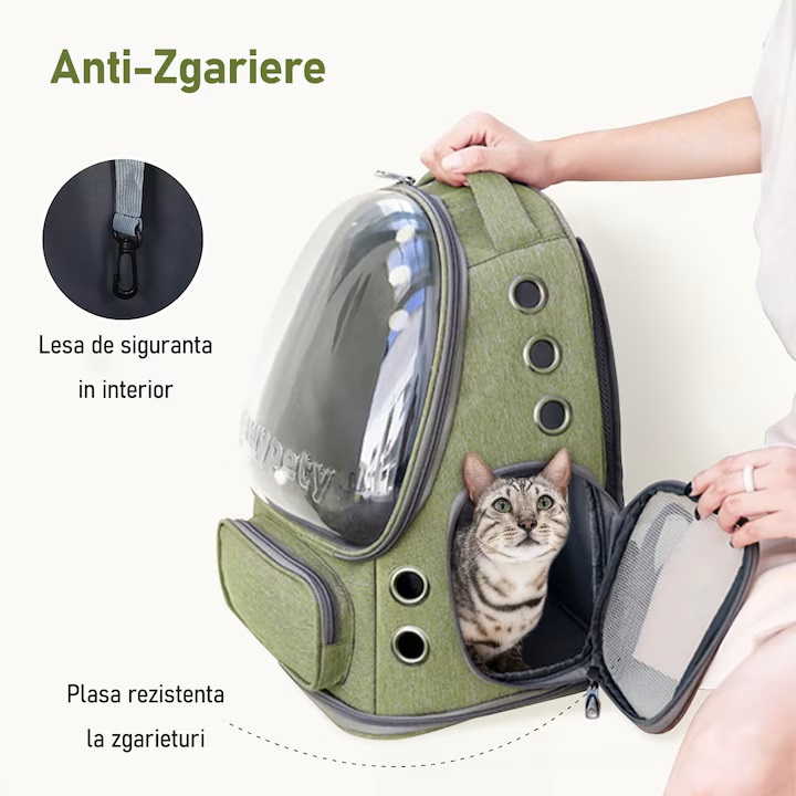 Rucsac Portabil pentru Transport Animale de Companie, cu Hublou Transparent și Design Respirabil, Buzunare Laterale, Material Oxford Rezistent, Ideal pentru Pisici și Câini de Talie Medie, Suportă până la 9 Kg, 33 x 27 x 42 cm, Verde - imagine 4