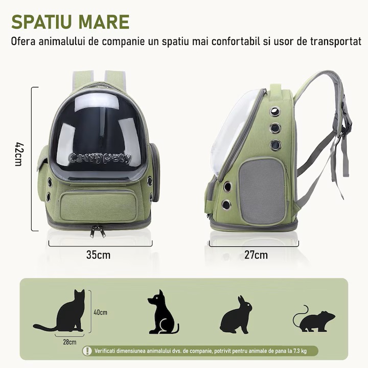 Rucsac Portabil pentru Transport Animale de Companie, cu Hublou Transparent și Design Respirabil, Buzunare Laterale, Material Oxford Rezistent, Ideal pentru Pisici și Câini de Talie Medie, Suportă până la 9 Kg, 33 x 27 x 42 cm, Verde - imagine 5