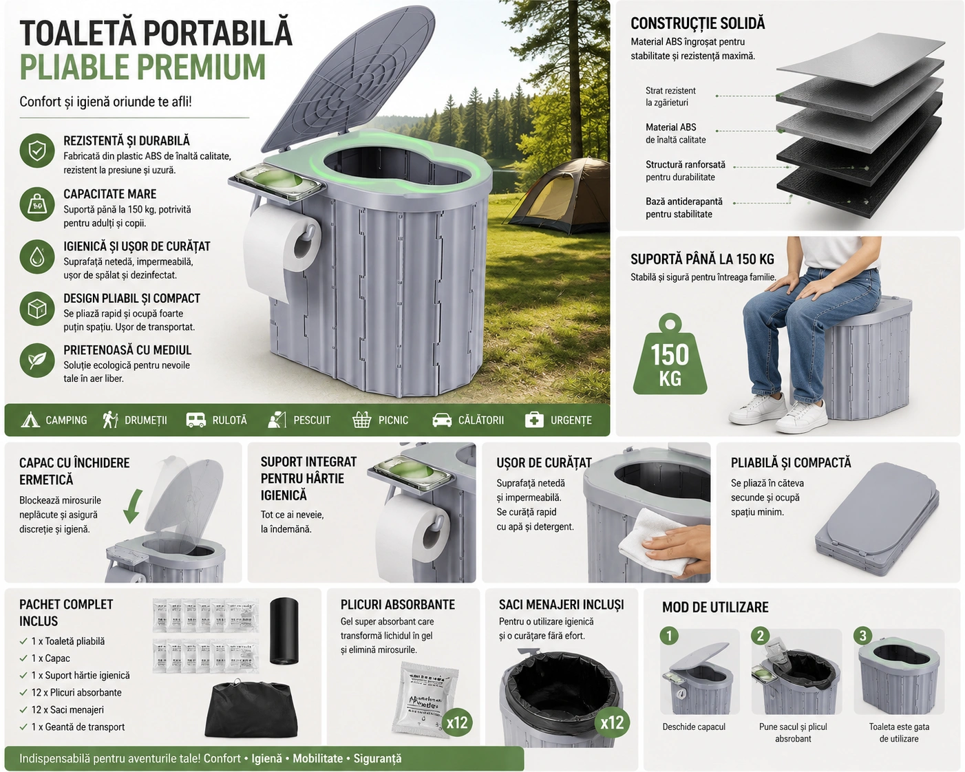 Toaletă Portabilă Pliabilă Premium pentru Camping și Mașină, WC Mobil Multifuncțional cu Capac, Suport Hârtie Igienică, Saci Menajeri și Plicuri Absorbante Incluse, Ideală pentru Drumeții, Rulotă, Pescuit, Picnic, Călătorii și Situații de Urgență, Design Compact și Rezistent pentru Adulți și Copii - imagine 2