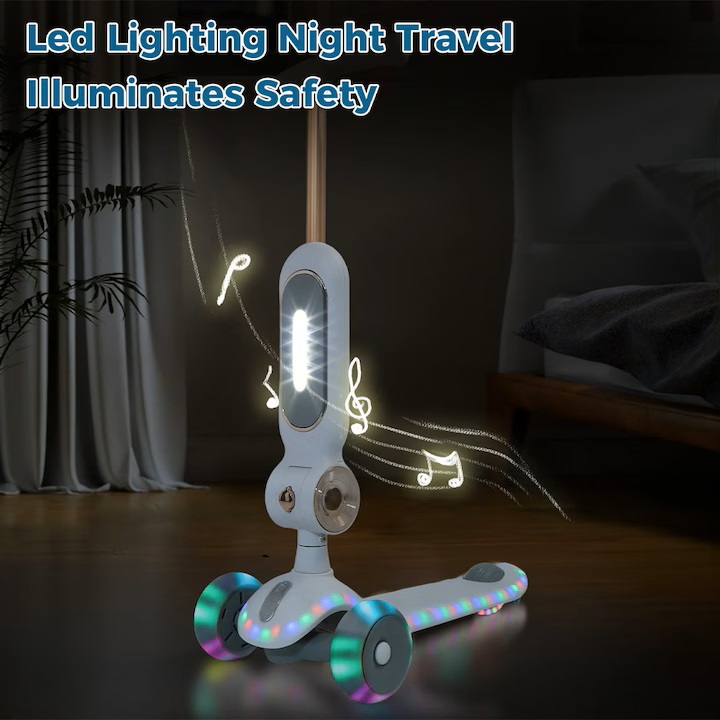 Trotineta pentru Copii cu 3 Roti, Scaun Detasabil Lumini LED Multicolore, Pliabila, Muzica, Ghidon Reglabil pe Inaltime, Platforma Antiderapanta, Design Sport, pentru Baieti si Fete - imagine 4