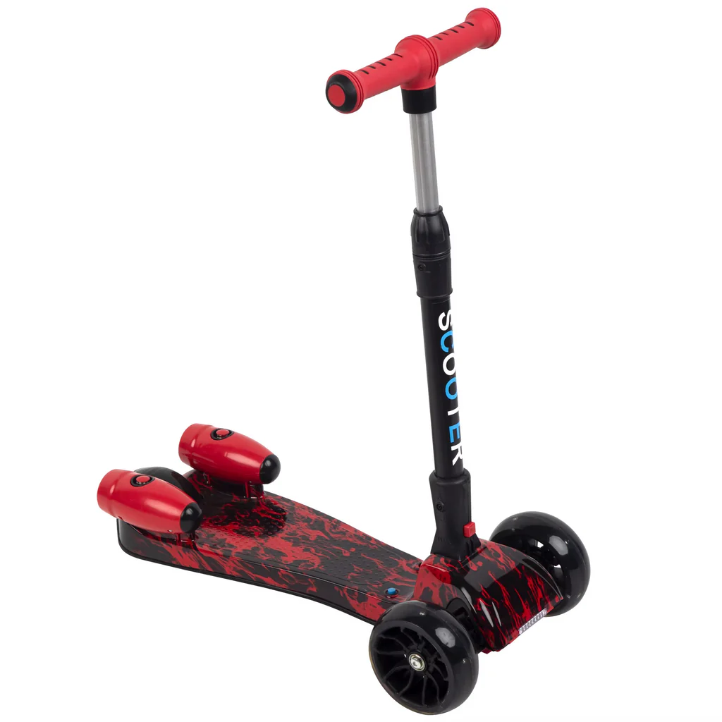 Trotineta pentru Copii cu Efect de Fum, Lumini LED Multicolore si 3 Roti Late pentru Stabilitate, Ghidon Reglabil pe Inaltime, Platforma Antiderapanta, Design Sport Rosu-Negru, pentru Baieti si Fete - imagine 3