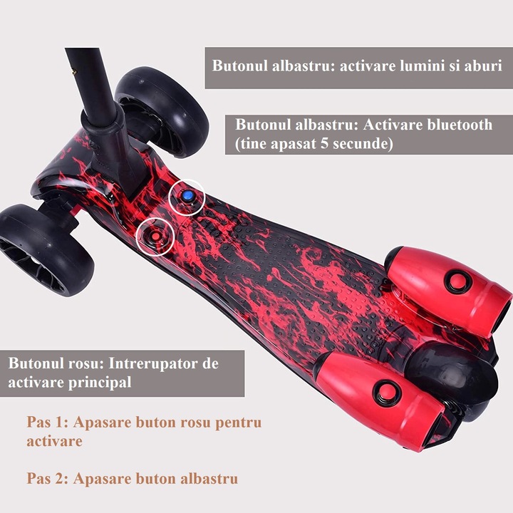 Trotineta pentru Copii cu Efect de Fum, Lumini LED Multicolore si 3 Roti Late pentru Stabilitate, Ghidon Reglabil pe Inaltime, Platforma Antiderapanta, Design Sport Rosu-Negru, pentru Baieti si Fete - imagine 2