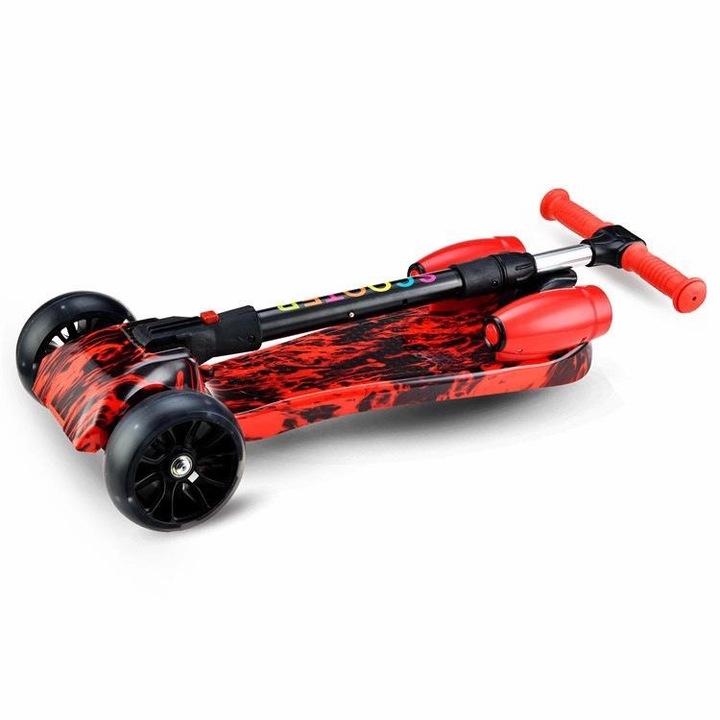 Trotineta pentru Copii cu Efect de Fum, Lumini LED Multicolore si 3 Roti Late pentru Stabilitate, Ghidon Reglabil pe Inaltime, Platforma Antiderapanta, Design Sport Rosu-Negru, pentru Baieti si Fete - imagine 5