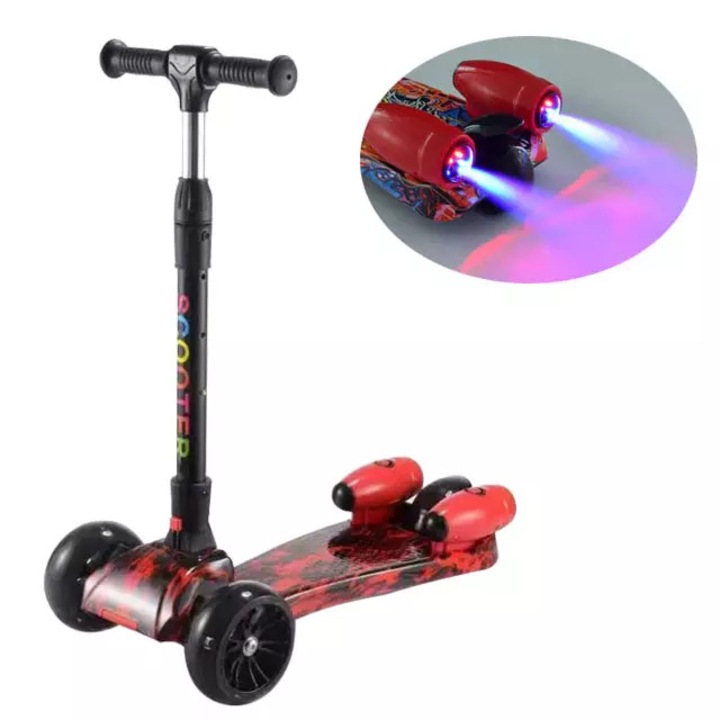 Trotineta pentru Copii cu Efect de Fum, Lumini LED Multicolore si 3 Roti Late pentru Stabilitate, Ghidon Reglabil pe Inaltime, Platforma Antiderapanta, Design Sport Rosu-Negru, pentru Baieti si Fete - imagine 6